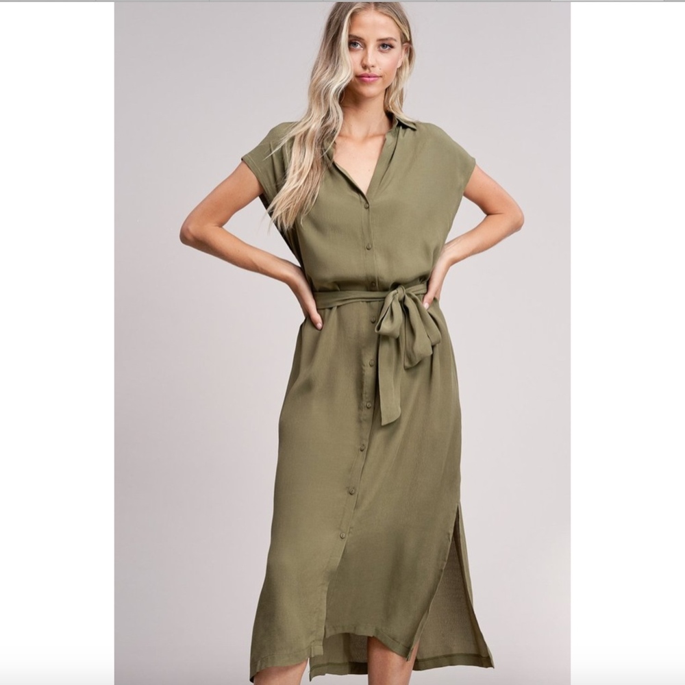 Nwot! Olive Button-Up Midi Dress By Arrays - image 1